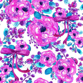 水彩花模式无缝的紫色的粉红色的花束白色背景