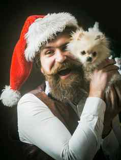 圣诞老人男人。宠物一年狗有趣的兴奋的家伙持有小狗狗一年冬天假期圣诞节波美拉尼亚的斯帕斯