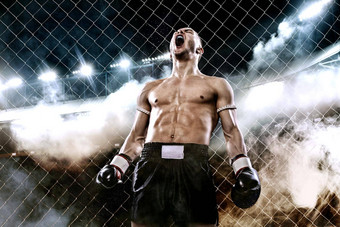 运动员泰拳泰国拳击手庆祝完美的胜利拳击笼子里背景灯烟复制空间体育运动概念
