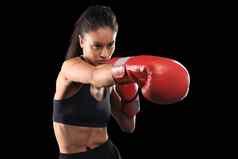 跆拳道女人运动服红色的跆拳道手套黑色的背景执行武术艺术踢体育运动锻炼健身锻炼