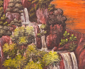 传统的瀑布绘画寺庙墙