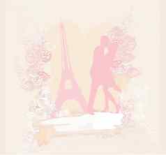 浪漫的夫妇巴黎接吻埃菲尔铁塔塔复古的卡
