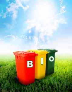生物措辞色彩斑斓的回收垃圾箱
