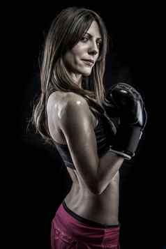 肌肉发达的强大的女人运动员拳击手套