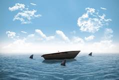 鲨鱼绕小船海洋