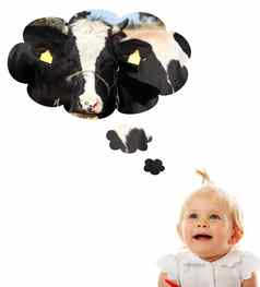 婴儿女孩思考牛牛奶