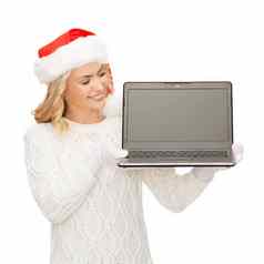 女人圣诞老人助手他移动PC电脑