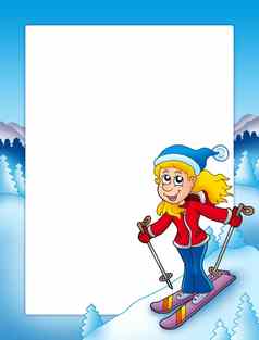 框架卡通滑雪女人