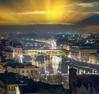 惊人的空中晚上视图蓬特<strong>旧</strong>佛罗伦萨桥