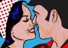 复古的热流行艺术接吻夫妇男人。女人爱漫画吻