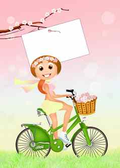 女孩自行车春天