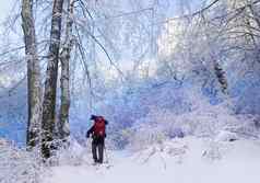 冬天徒步旅行森林
