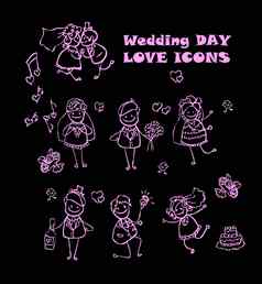 婚礼爱图标集孩子们卡通设计孤立的结婚人