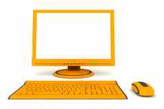 现代工作桌子上屏幕键盘鼠标橙色