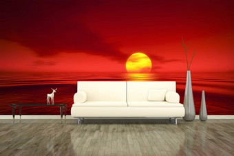 照片墙壁画沙发地板上红色的日落
