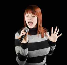 红色头发的人女孩唱歌卡拉ok麦克风