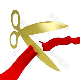 黄金剪刀切割红色的丝带