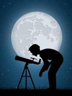 男人。月亮望远镜