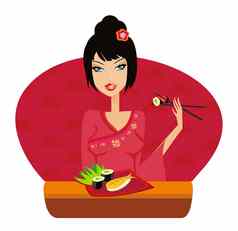 美丽的亚洲女孩享受寿司