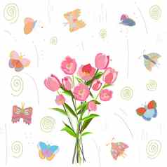 花束粉红色的郁金香边境蝴蝶