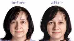 脸成熟的女人黑暗头发化妆品振兴程序孤立的白色背景