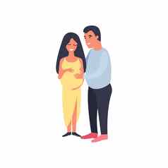 快乐夫妇男人。拥抱怀孕了女人触碰肚子怀孕母亲可爱的平卡通字符孤立的白色背景