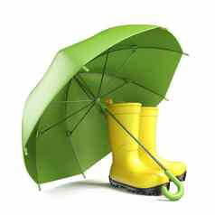 一对黄色的雨靴子绿色伞