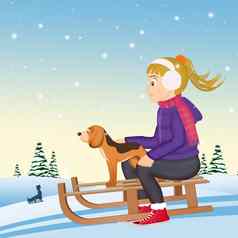 女孩狗雪橇冬天