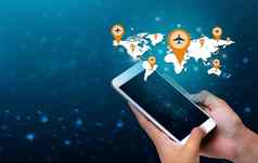 聪明的手机全球连接不常见的沟通世界互联网商人新闻电话沟通互联网通信物流世界地图飞机