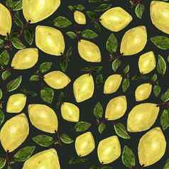 无缝的模式手画柠檬叶子