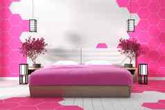 现代白色卧室设计粉红色的六角瓷砖Zen风格