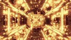 未来主义的科幻隧道走廊发光的飞行球体粒子插图背景壁纸图形设计