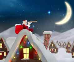 复合图像圣诞老人坐着屋顶小屋