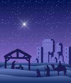 基督诞生场景向量布满星星的天空