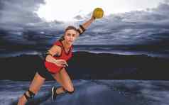 复合图像女运动员扔手球