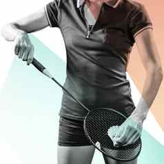 复合图像羽毛球球员持有网拍准备好了服务