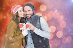 复合图像快乐年轻的夫妇持有咖啡杯子