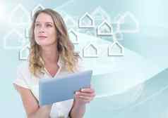 女人平板电脑白色房子图形蓝色的背景