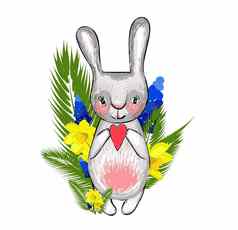 复活节兔子春天花元素设计春天横幅海报孤立的白色背景