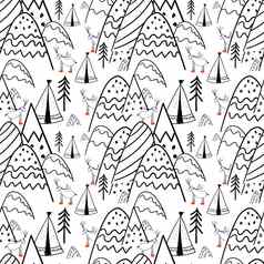 北部森林插图人风格程式化的山斯堪的那维亚打印行画无缝的模式孩子们
