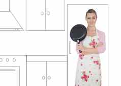 女人煎锅手折叠插画家厨房