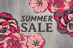 夏天出售文本粉红色的花图形灰色木面板
