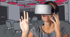 业务女人虚拟现实耳机手机灰色粉红色的手画办公室