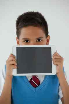 小学生持有数字平板电脑白色背景