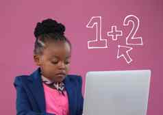 办公室孩子女孩电脑粉红色的背景教育图标