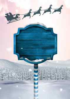 木路标圣诞节冬天景观圣诞老人的雪橇驯鹿的