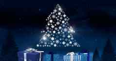 礼物盒子雪花圣诞节树模式形状发光的冬天晚上天空