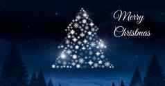 快乐圣诞节文本雪花圣诞节树模式形状发光的冬天晚上天空