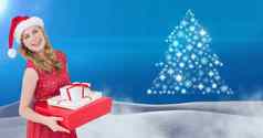 女人圣诞老人持有礼物盒子雪花圣诞节树模式形状雪景观