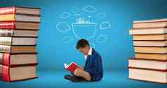 男孩阅读包围桩书画蓝色的背景
